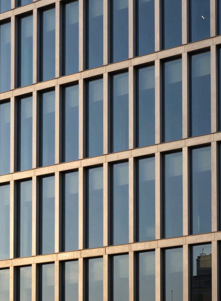 A minimalist and modern architectural detail of a high-end commercial building facade in Portugal, featuring clean lines, glass, and steel, reflecting a clear blue sky, photography with golden hour light.
