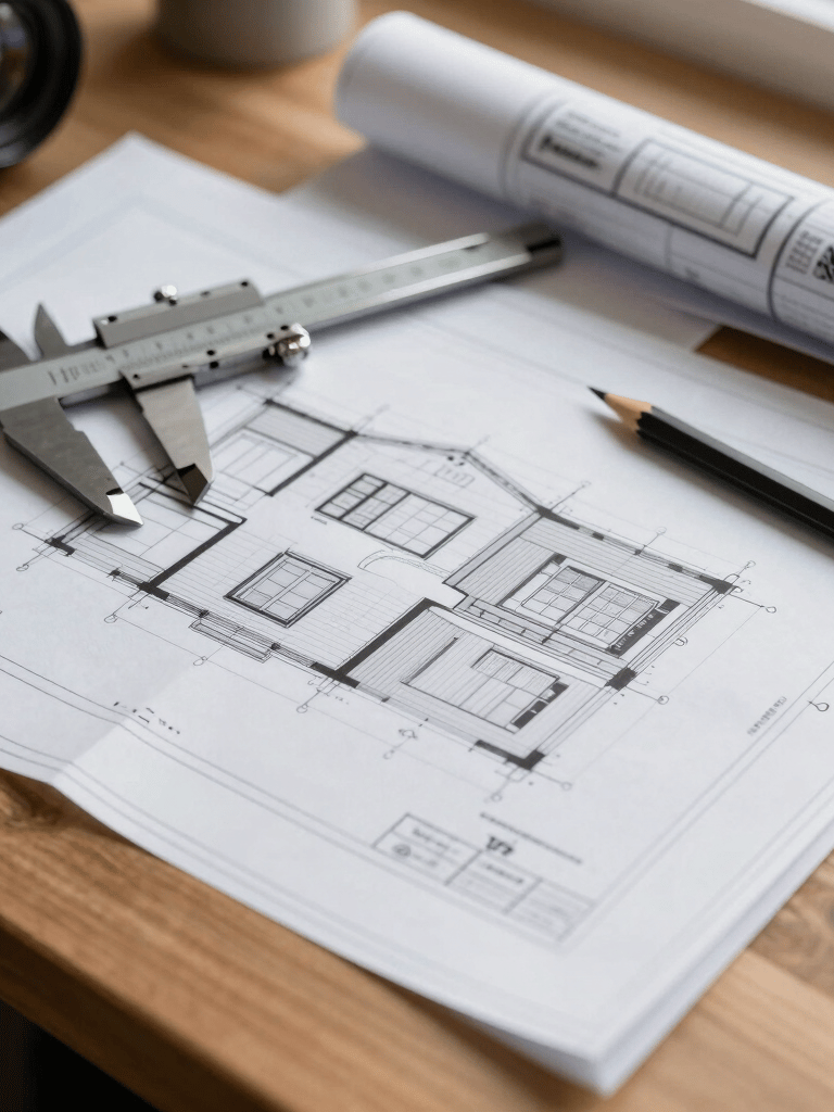Close-up of architectural blueprints for a home addition spread out on a wooden table. A set of steel calipers and a graphite pencil rest on the plans. Soft, natural North American morning light.