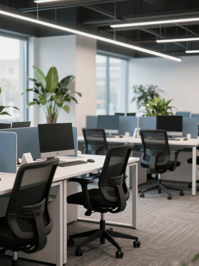 A bright, professional North American coworking space with modern ergonomic chairs, white desks, and large green plants, captured in a clean photography style with slate blue accents.