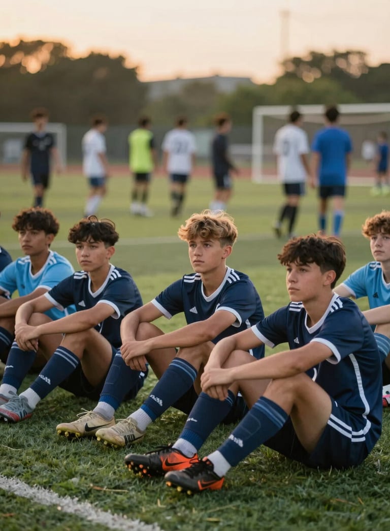 Group of enthusiastic youth soccer players sitting together on the grass, navy and light blue gear, sunset lighting, professional and community atmosphere.