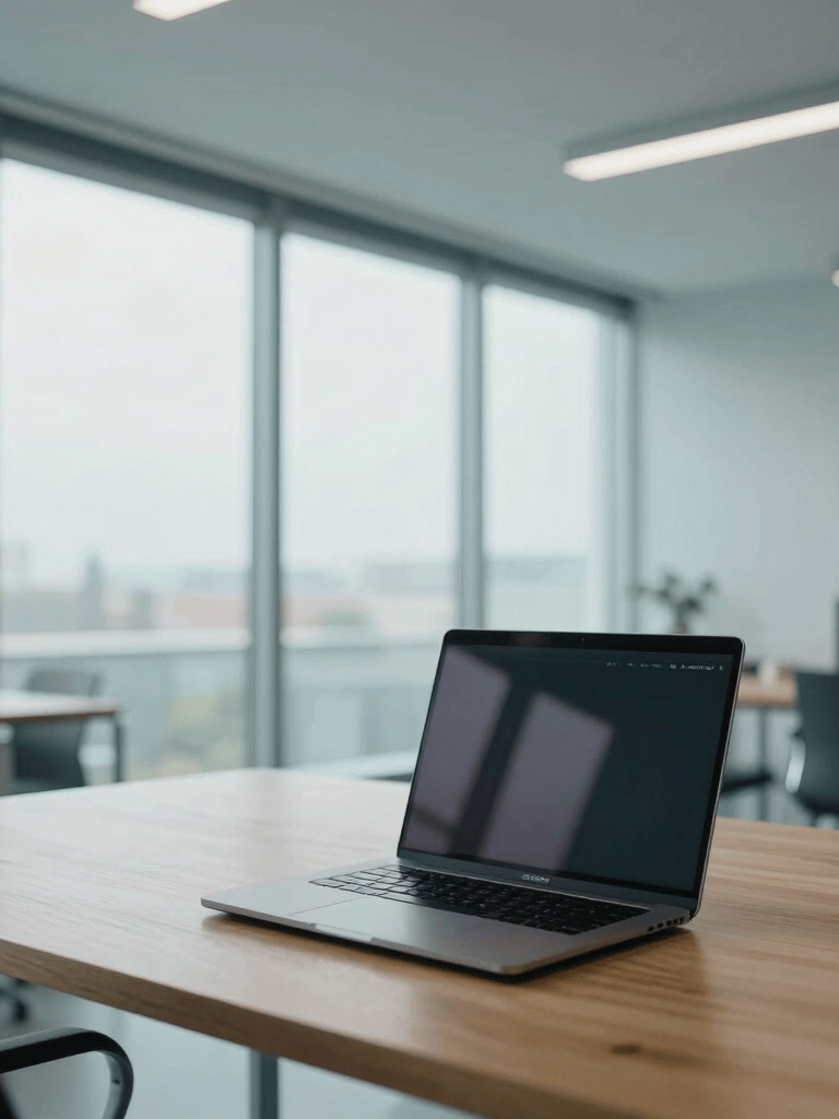 A wide-angle shot of a modern, minimalist office in France with large windows, featuring a sleek laptop on a wooden desk, soft natural lighting, reflecting a professional and growth-oriented atmosphere with pale cyan accents.