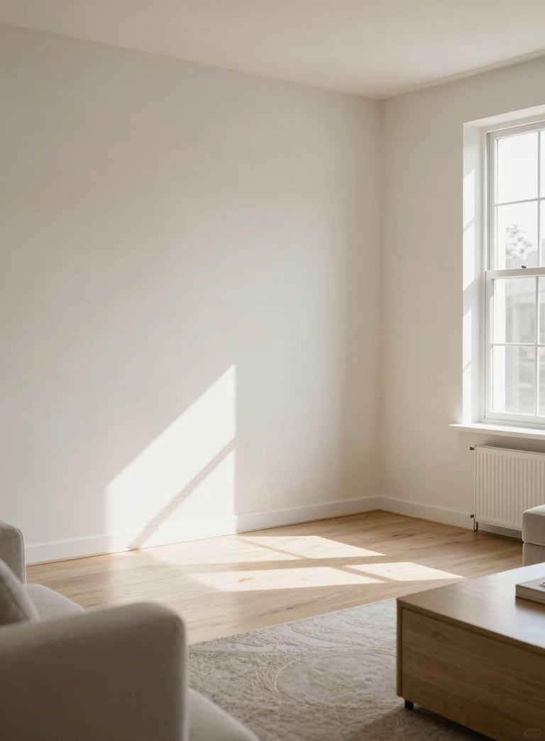 A professional photograph of a bright residential living room with soft off-white walls and polished surfaces, featuring sunlight highlighting the meticulous cleanliness and a fresh atmosphere.