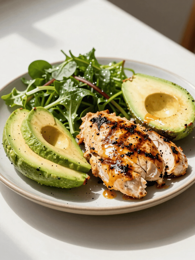 A close-up, high-quality photograph of a vibrant, healthy meal with grilled chicken, avocado, and leafy greens on a ceramic plate, placed on a clean white table in a sunlit North American home. The image conveys health, balance, and the nutritional aspect of fitness coaching.