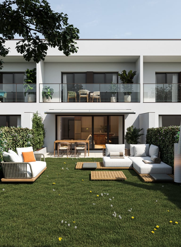 Render of a modern white townhouse featuring a private backyard with luxury outdoor furniture