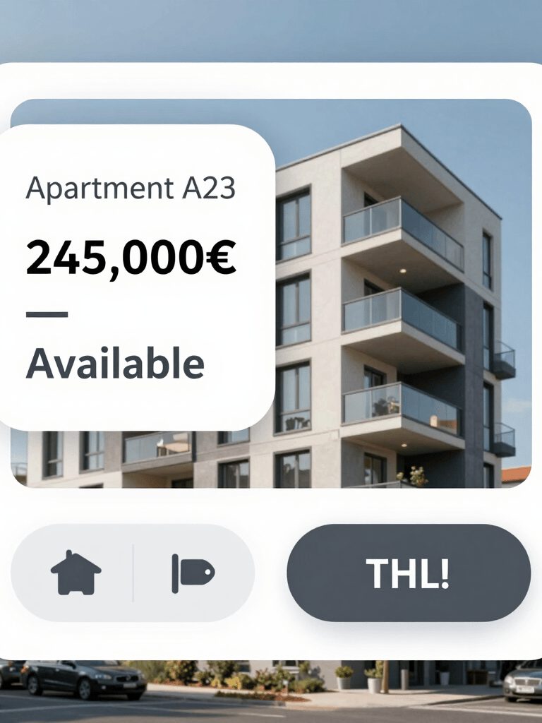 Modern multi-story apartment building real estate listing with pricing and availability information.