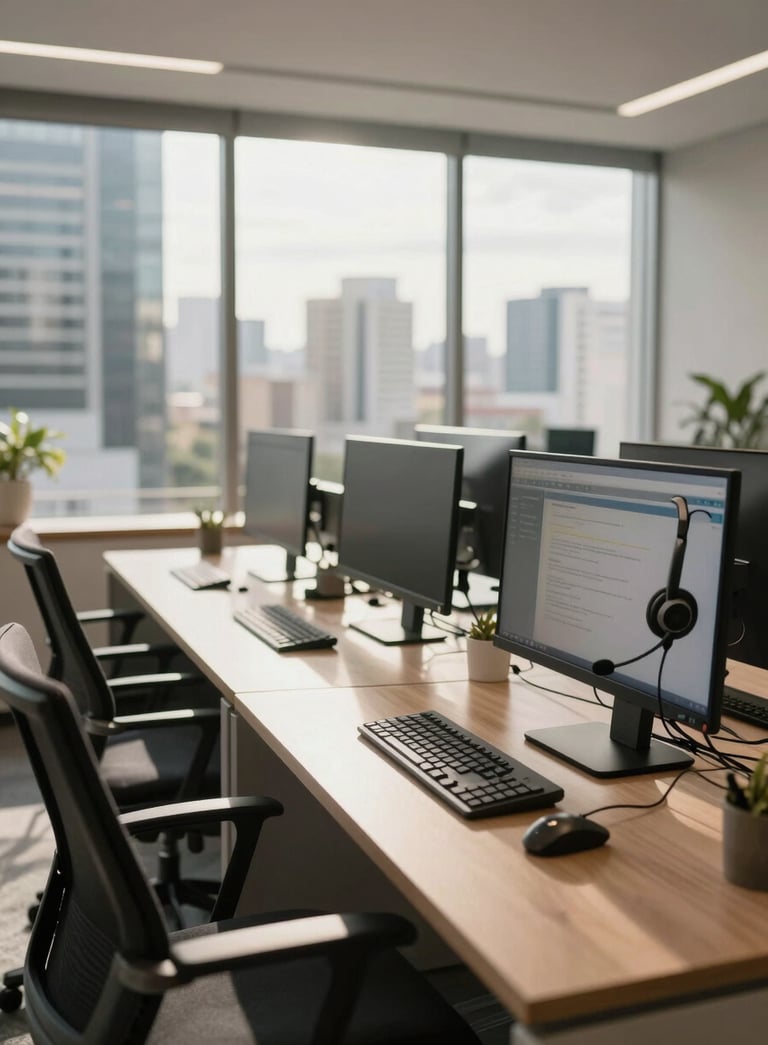 A high-end modern office interior in a South American Brazilian city, focusing on professional tele-servicing workstations with ergonomic chairs, sleek headsets, and multiple monitors, soft morning sunlight, professional and clean atmosphere.