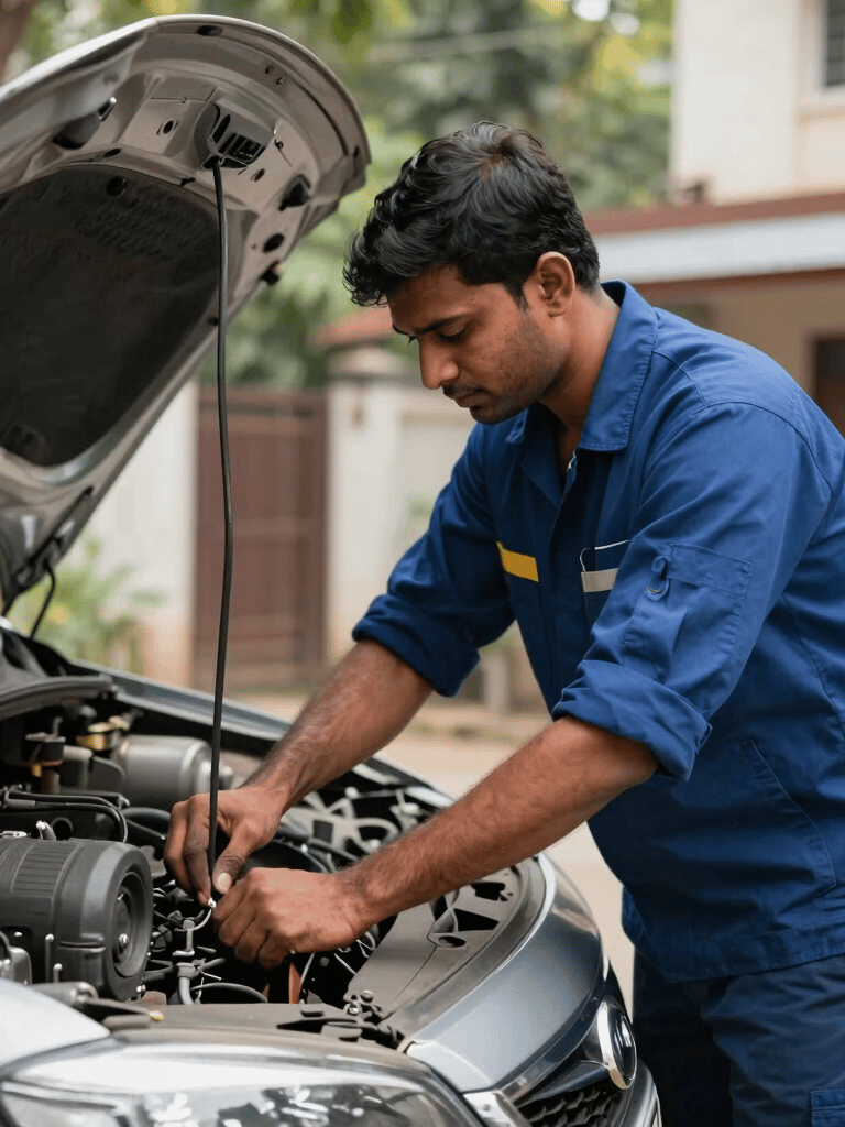 A professional South Asian / Indian mechanic in a deep blue uniform working on a car in a residential Bangalore driveway, sunny day, sharp focus, professional automotive photography style.