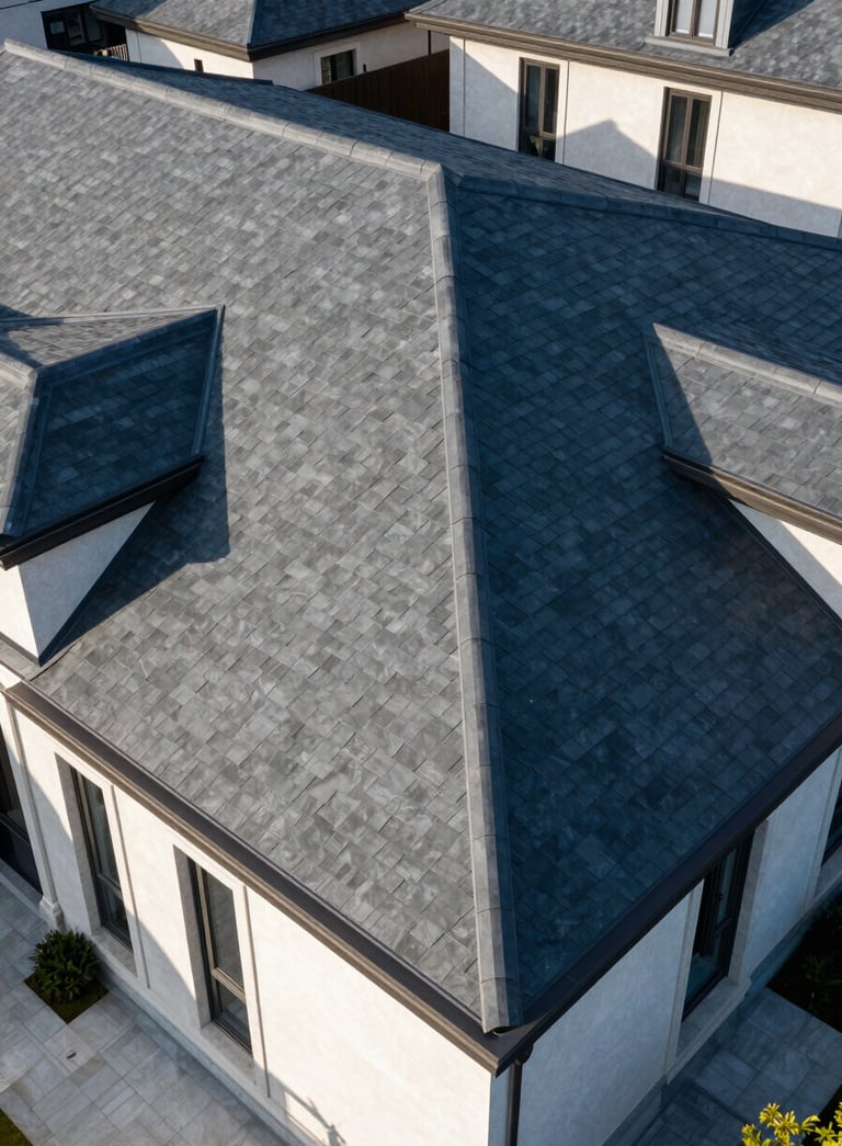 A professional aerial photograph of a luxury residential home with a perfectly installed dark slate roof, bright morning sunlight creating sharp shadows, high contrast and clean aesthetic.