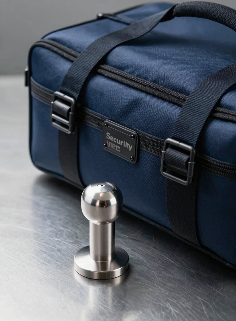 A professional security seal on a high-durability transit bag, resting on a clean metallic surface. Modern corporate lighting, sleek and safe atmosphere, professional tones of dark blue and silver.