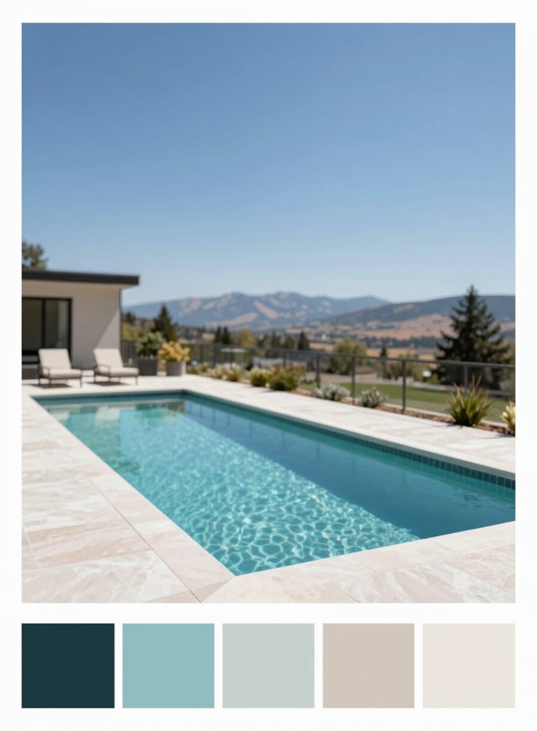 A wide-angle, bright shot of a modern rectangular pool with a clean patio area. The Idaho sky is clear blue. The composition is professional and minimal, emphasizing a seamless customer experience. Pool accents incorporate shades of dark teal (#0B2D3F) and light mist (#F3F8F9).