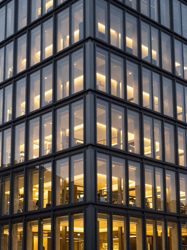 A sleek, modern office building exterior in a German city like Cologne, dusk lighting with windows glowing warm light, steel and glass architecture.