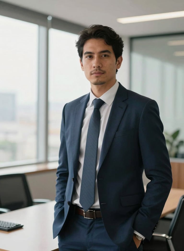 A professional portrait of a business consultant in a modern office in Brazil, wearing elegant professional attire, with a soft morning light coming through large windows, shallow depth of field, colors including soft blue and white.