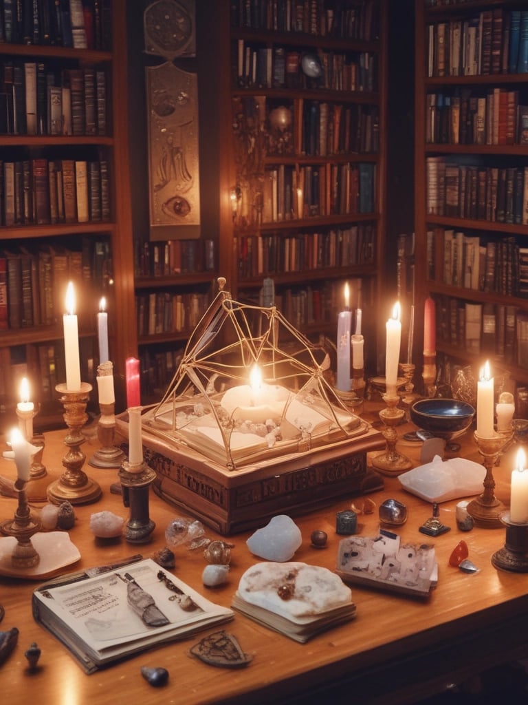 An array of polished gemstones and crystal bracelets neatly displayed on a wooden surface with green plants in the background