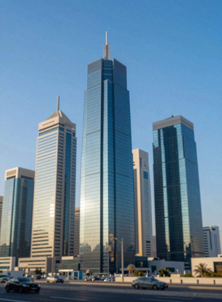 A modern architectural view of a Saudi Arabian business district skyscraper against a clear blue sky, emphasizing professionalism and regional expertise, with reflections of #A1B2BC and #336B87 colors.