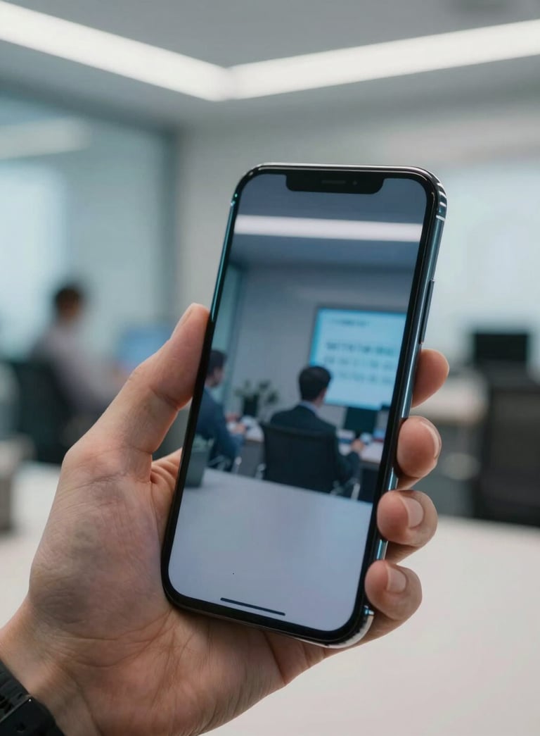 A close-up photograph of a sleek, modern smartphone held by a hand in a professional North American office setting. The screen glow reflects a professional, innovative tech atmosphere with soft blue tones.