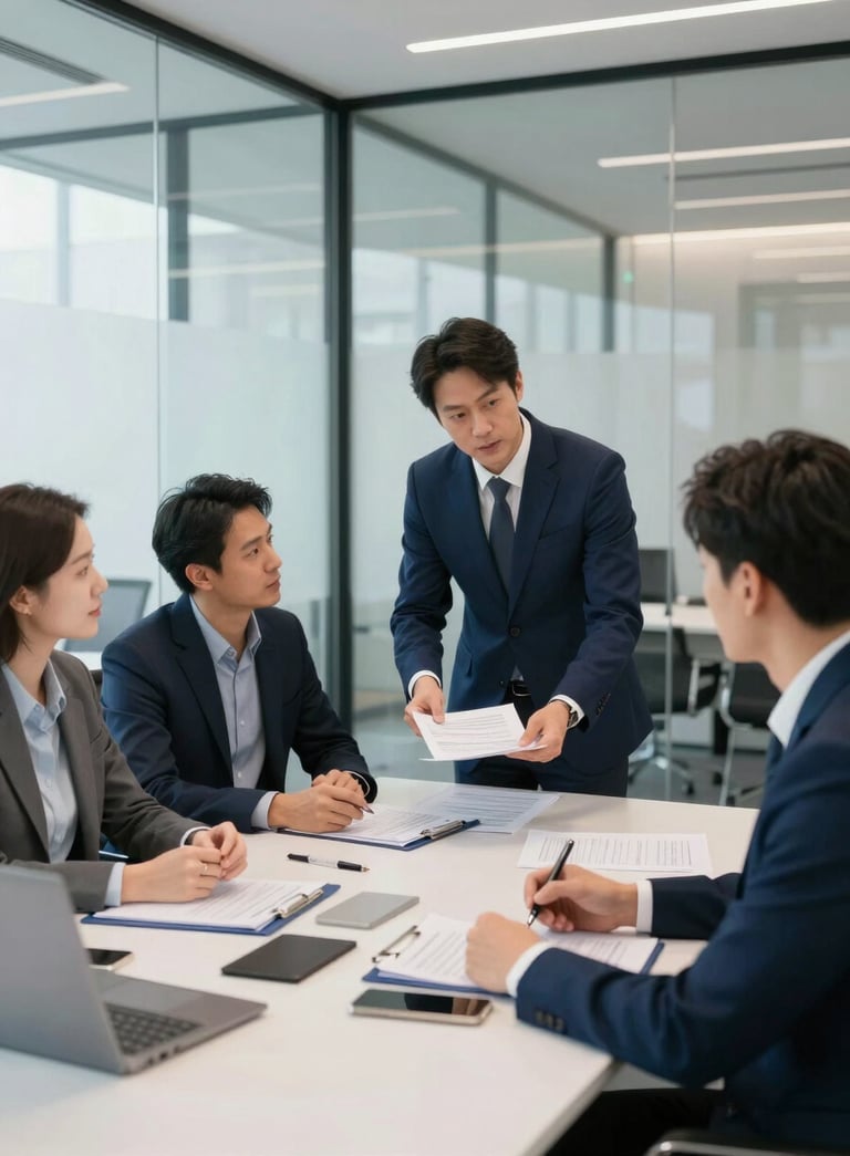 A professional business meeting in a modern Global / Corporate office with glass walls, discussing international trade documents. People are wearing dark navy blue suits and light blue-grey shirts. Bright, efficient lighting.