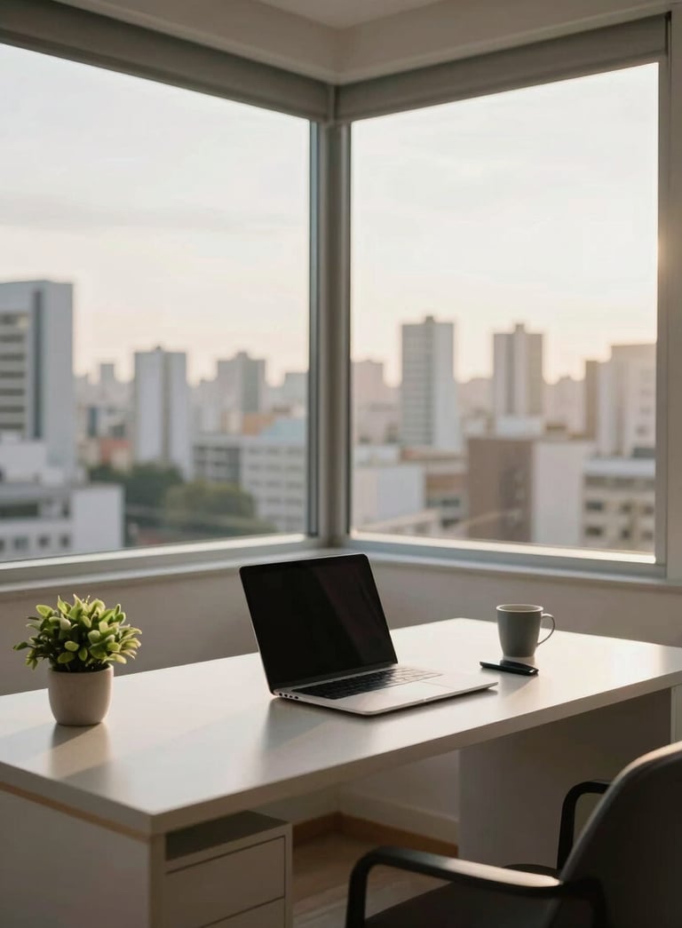 A minimalist and sophisticated home office in a Brazilian apartment, featuring a clean desk with a modern laptop, a small green plant, and a view of a city skyline through a large window, lit by soft afternoon sun.