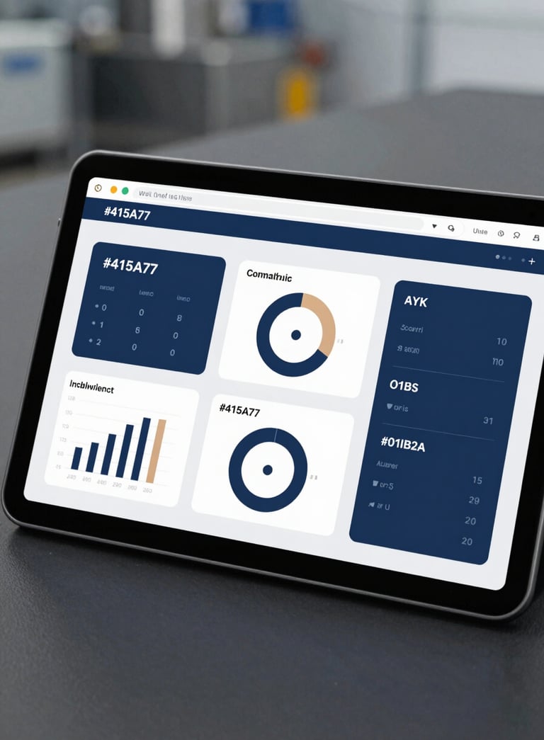 A sophisticated industrial interface displayed on a tablet, showing real-time automation data with professional graphics in shades of #415A77 and #0D1B2A, suggesting reliable system control.
