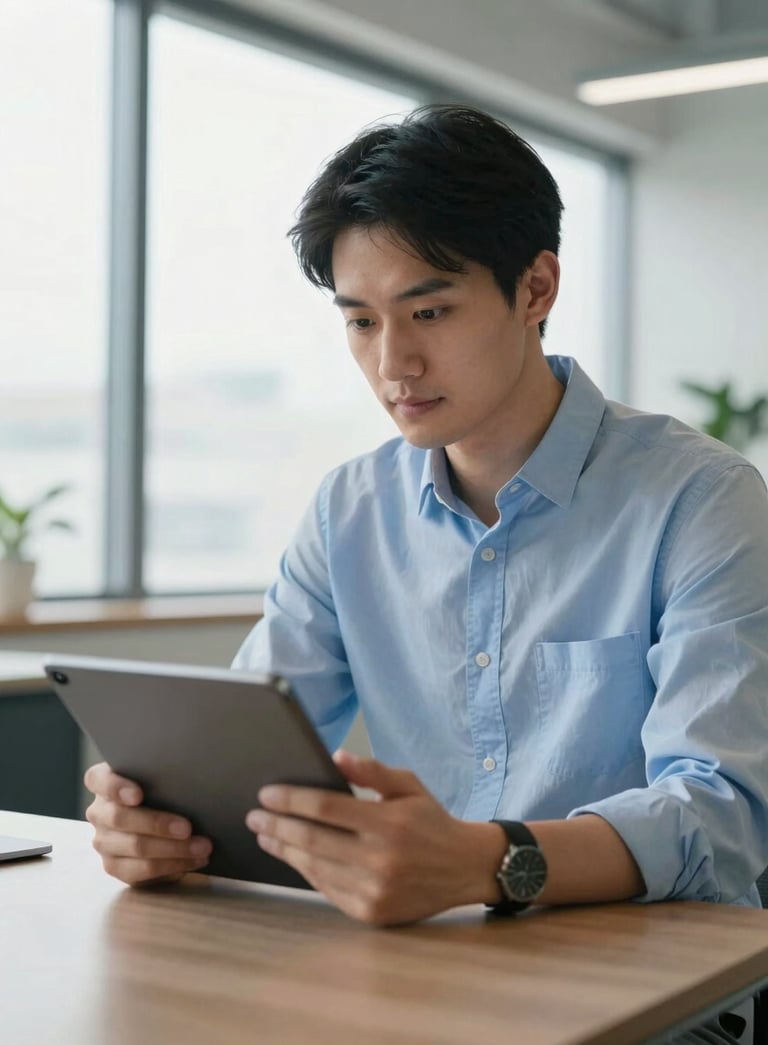 A professional person in a light blue button-down shirt looking confidently at a tablet screen in a bright, modern North American office with large windows.