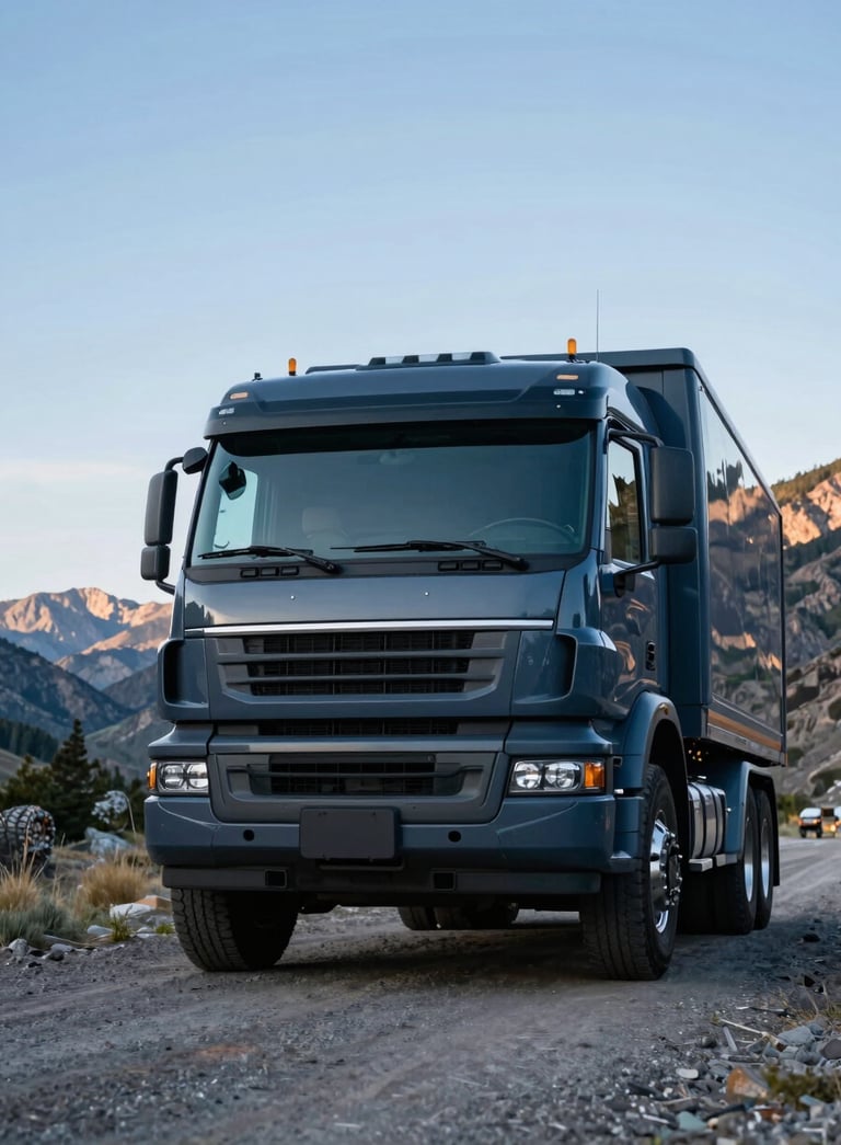 A wide-angle, low-angle photograph of a modern, heavy-duty truck parked in a scenic North American mountainous landscape. The windshield is pristine and gleaming under a clear sky. The composition emphasizes strength and security, with deep space blue and charcoal gray tones in the vehicle's finish.