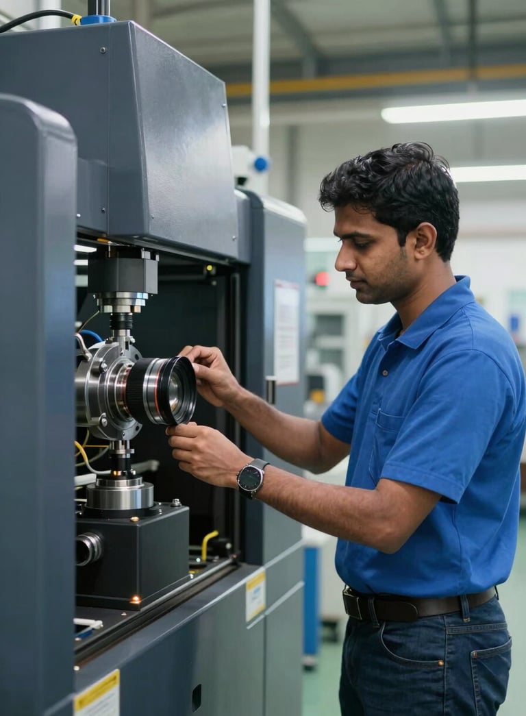 A professional South Asian / Indian industrial engineer in a clean factory setting inspecting high-performance machinery. The lighting is bright and technical, with the scene featuring dark charcoal navy equipment and sky blue highlights.