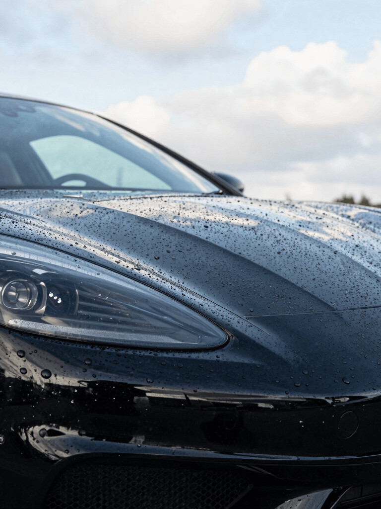 Close-up of a high-end black sports car with water beading on the hood after a professional wax, clean reflections of a bright Australian Brisbane sky, sharp focus, masculine and premium aesthetic.