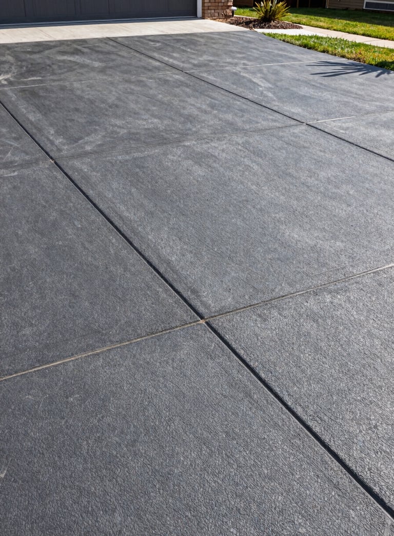 Wide-angle photograph of a premium stamped concrete driveway in a North American / US suburban home. The texture is a deep slate grey with silver highlights, looking clean and durable under bright daylight.