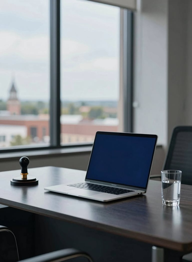 A sophisticated workspace in a Baytown office building overlooking the town, featuring a modern desk with a high-end laptop, a notary seal, and a glass of water. The color palette features deep navy #0A1128 and professional blues.