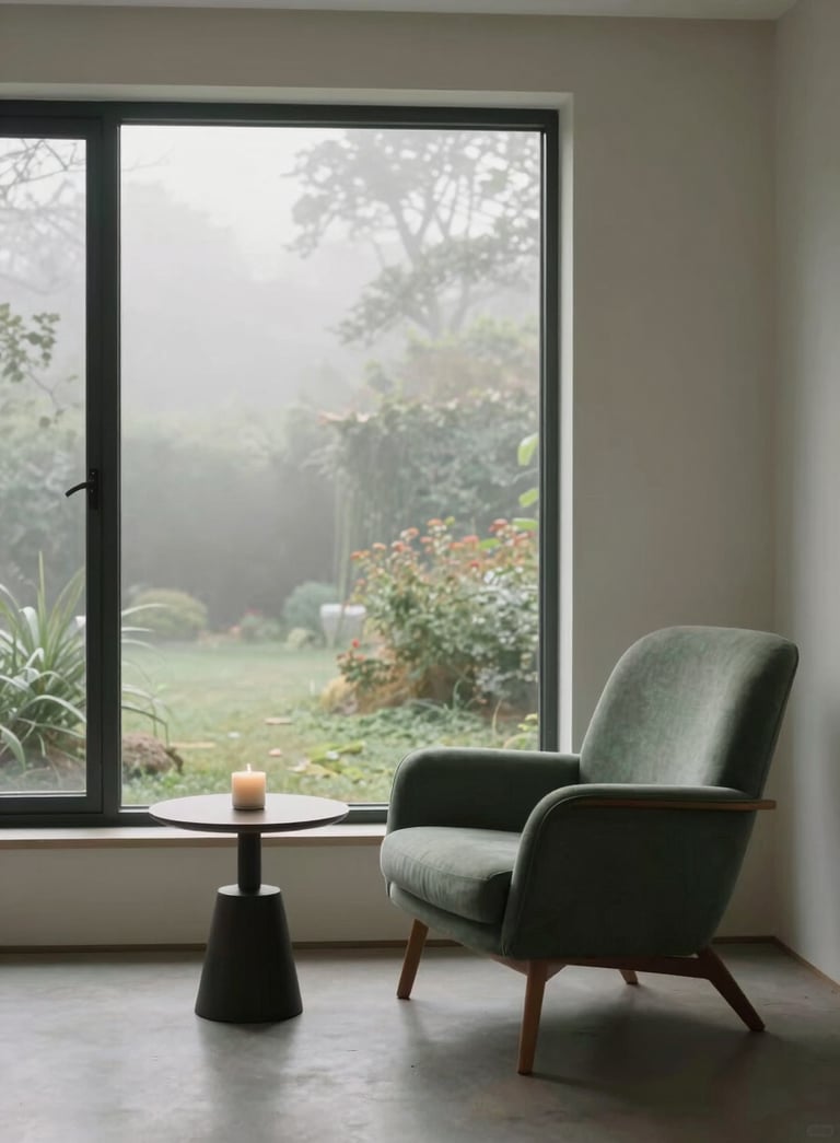 A minimalist North American interior with a large window looking out onto a misty morning garden. The room is filled with soft natural light, featuring a comfortable chair in muted green and a small table with a single candle, evoking a sense of calm and trustworthiness.