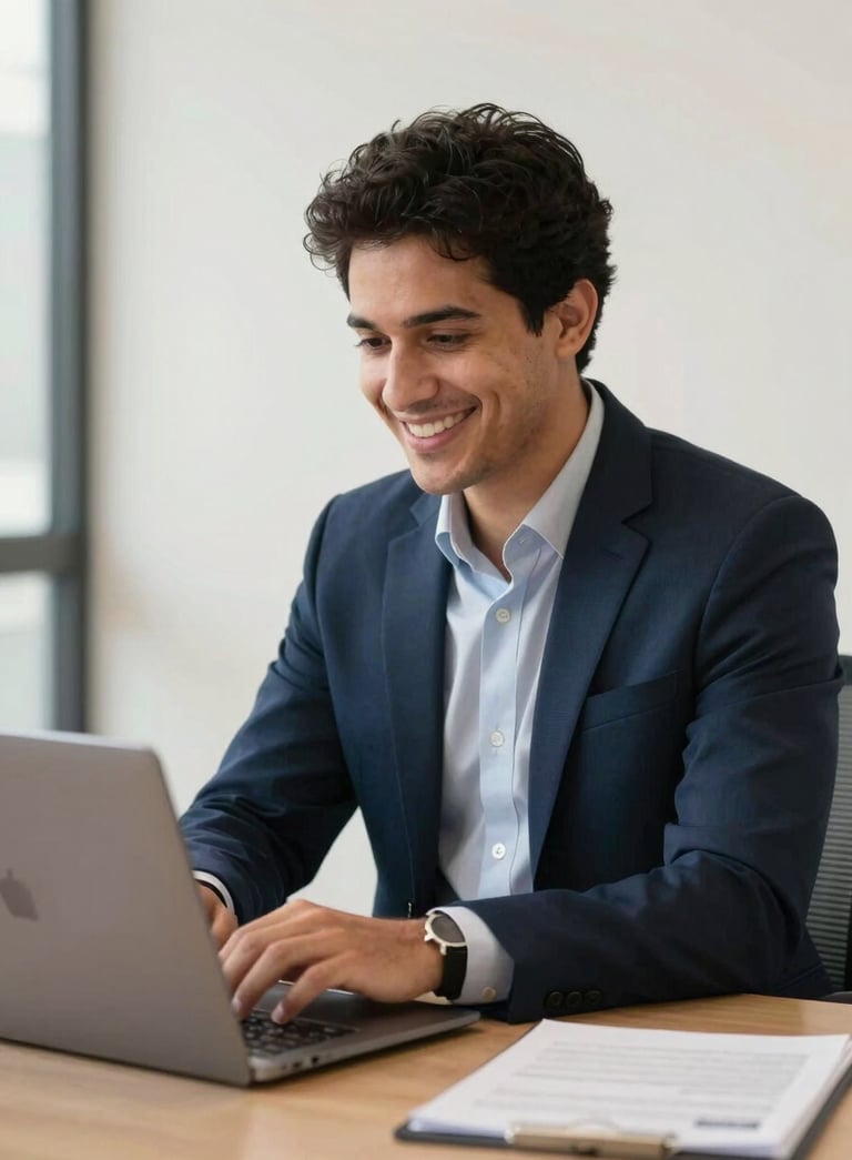 A friendly professional accountant in a modern South American / Brazilian office setting, smiling and looking at a laptop. The atmosphere is professional and welcoming with off-white and dark navy blue tones.