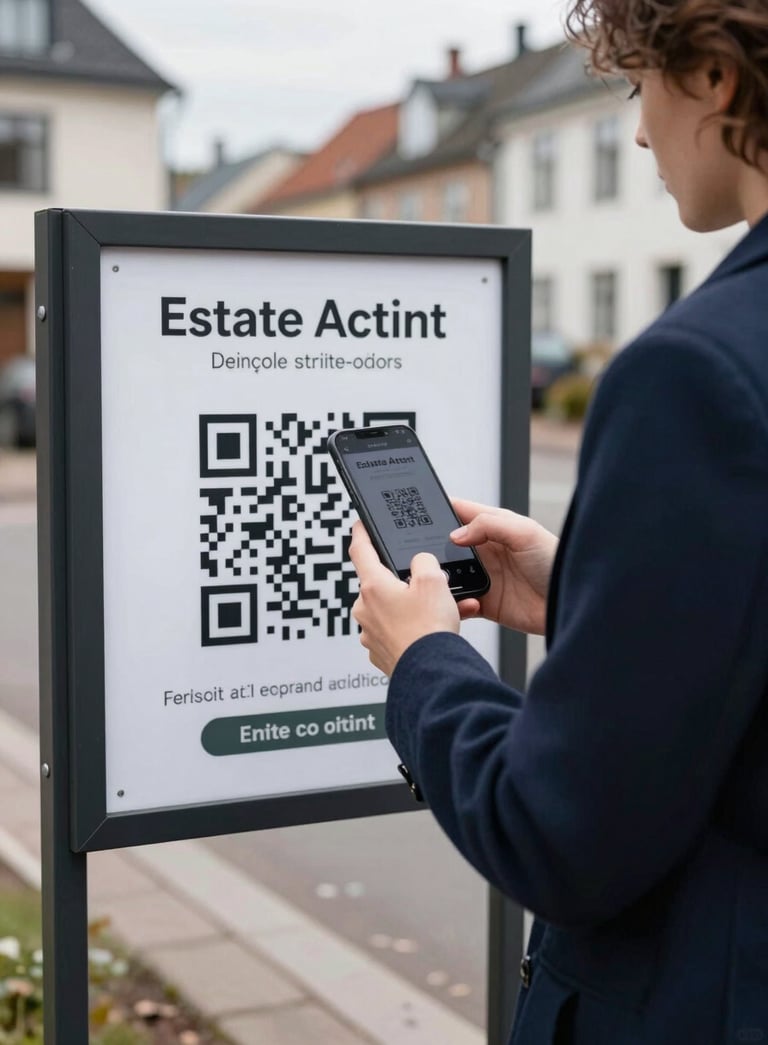 Photography of a person in a smart navy coat using a smartphone to scan a QR code on a modern estate agent board. The setting is a clean, affluent Northern European residential street during the daytime. The atmosphere is efficient and tech-forward.