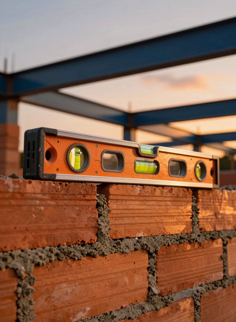 A close-up of a professional spirit level resting on a freshly laid brick wall at a South American Brazilian construction site, vibrant orange sunset light hitting the texture of the mortar and midnight blue steel beams in the background.