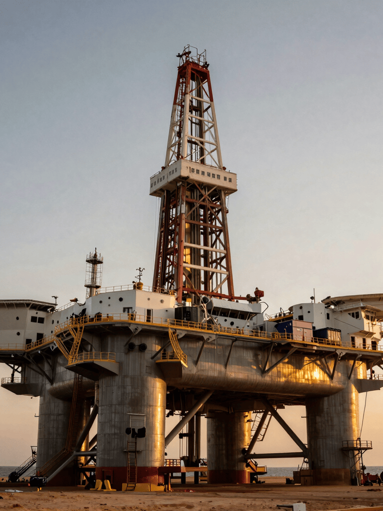 A low angle shot of an offshore oil rig operating during sunset, warm desert gold lighting reflecting on the steel structure, International / Global.