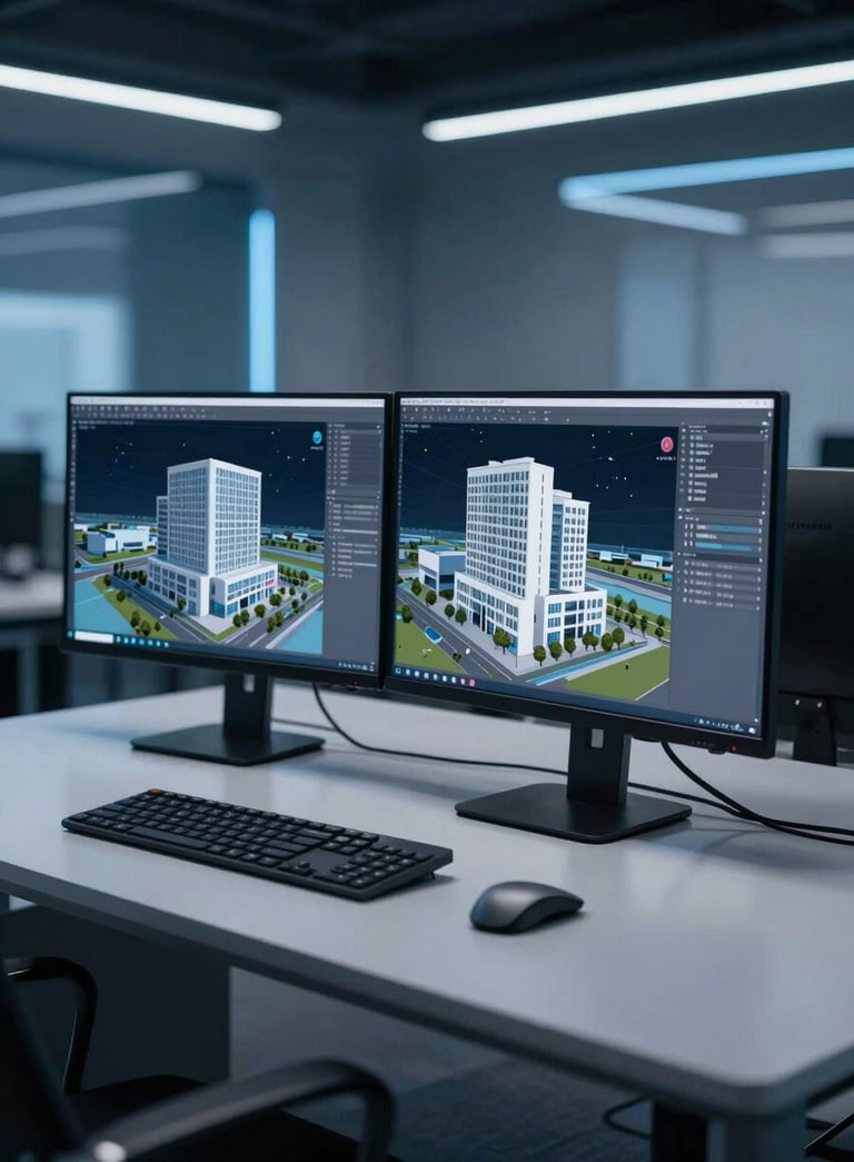 A sleek, modern architectural workstation showing a complex 3D Revit building model on dual monitors. The room is dimly lit with professional blue highlights (#2E5F7B) and clean, sharp lines reflecting a high-tech corporate environment.