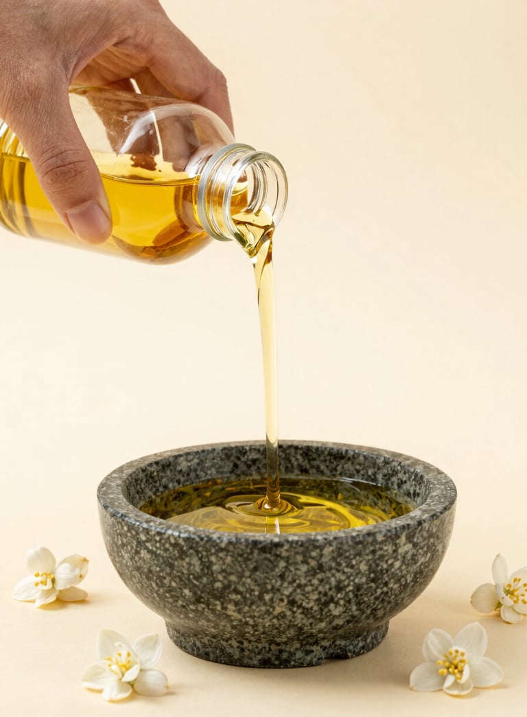 A close-up of a hand pouring warm, golden herbal oil into a stone bowl, surrounded by white jasmine flowers on a warm off-white background.
