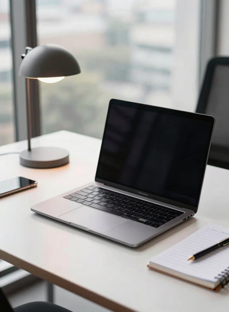 A sleek, modern high-end laptop on a clean desk with a minimalist lamp and a professional notebook in a South American / Brazilian office setting, soft natural daylight, professional and efficient atmosphere.