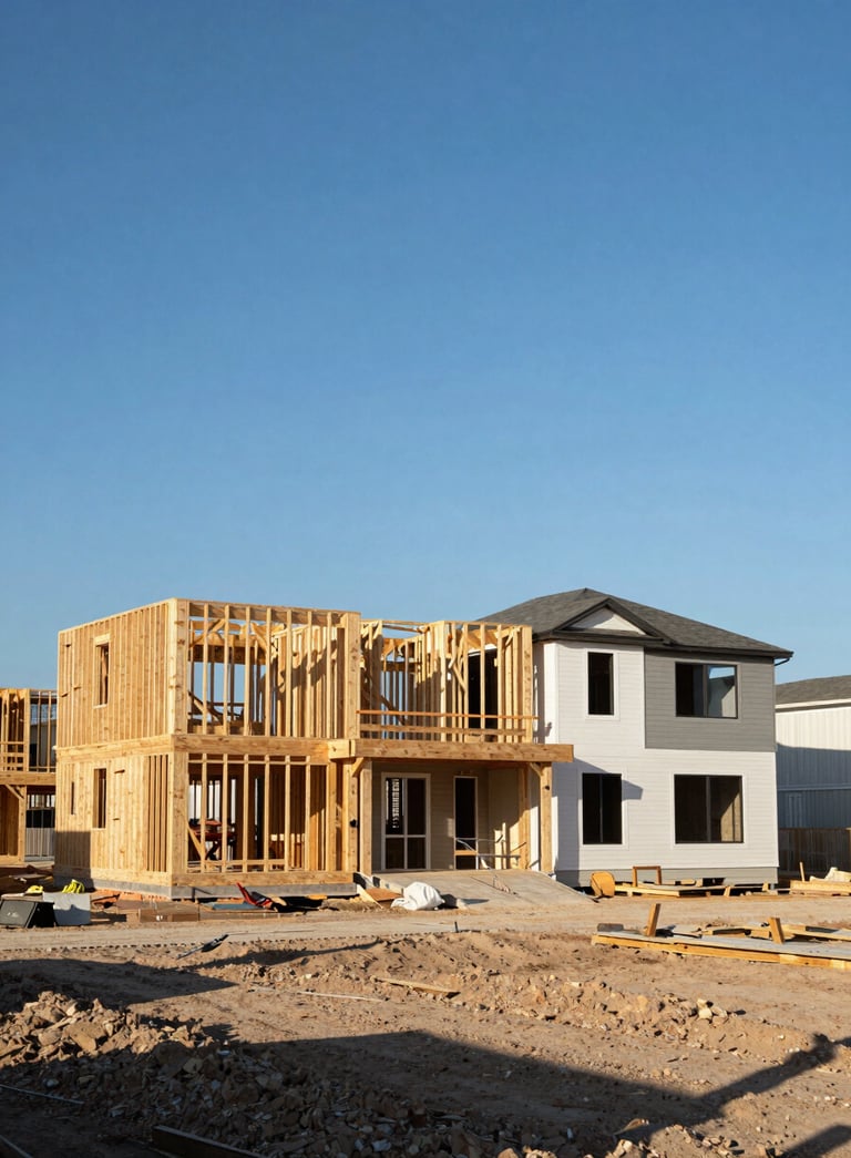 A wide-angle professional photograph of a luxury residential construction site in Texas, featuring modern architectural framing against a bright blue sky, North American style home development.