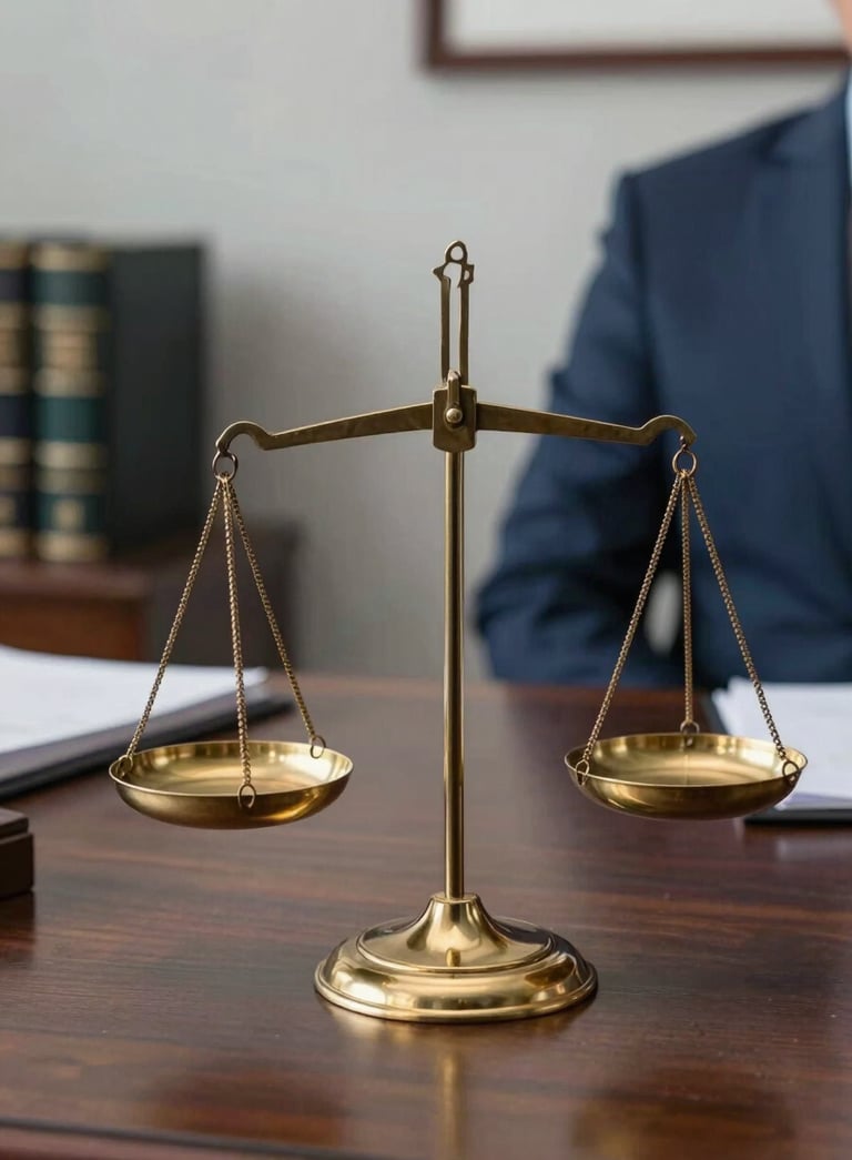 A close-up photograph of a classic balance scale of justice made of polished brass on a mahogany desk, with blurred legal leather-bound books in the background. Professional Latin American law office setting, soft natural light, featuring tones of Dark Blue and Gray.
