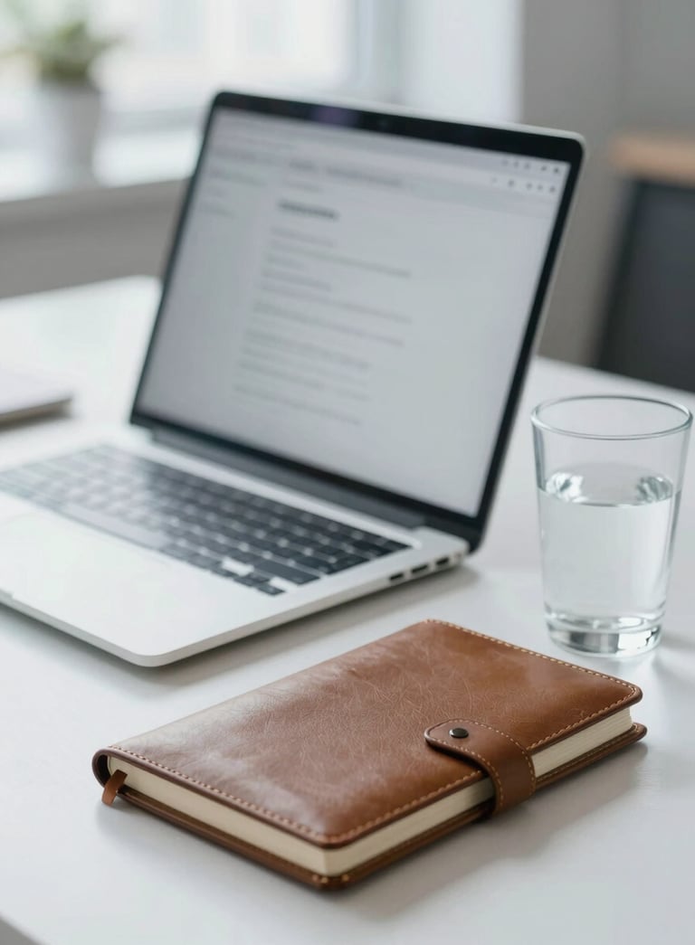 A high-end, tidy corporate workspace featuring a laptop, a leather-bound notebook, and a glass of water on a desk, soft professional lighting, using a palette of #212A3E and #F5F7F8.