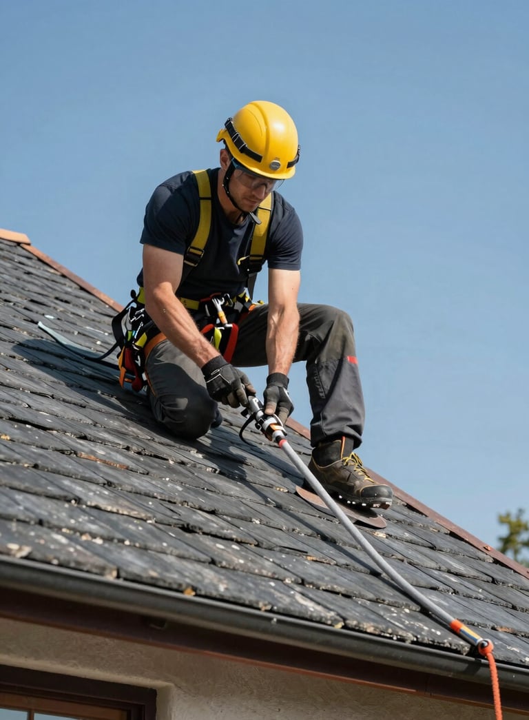 A professional roofer in safety gear working on a slate roof of a Western European style house, clear blue sky, focused on precise craftsmanship and high-quality materials.