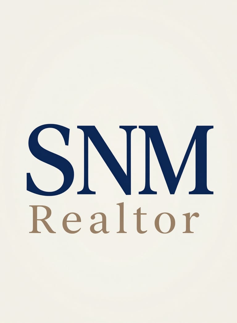A professional real estate consultant logo for SNM Realtor, featuring clean lines, deep blue and taupe colors, sophisticated minimalist font on an off-white background.