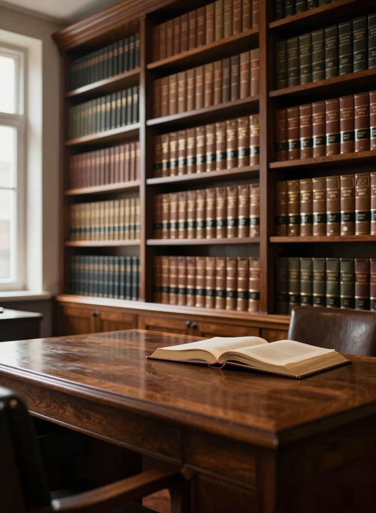 Wide interior of a traditional law office library, bookshelves lined with leather-bound legal volumes receding into the background, a wooden desk with a single open volume at the right third, warm diffused window light entering from the far left, deep shadows in the foreground corners, no people present