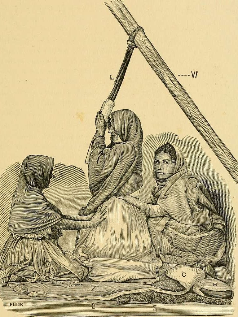 Drawing of woman giving birth with two doulas