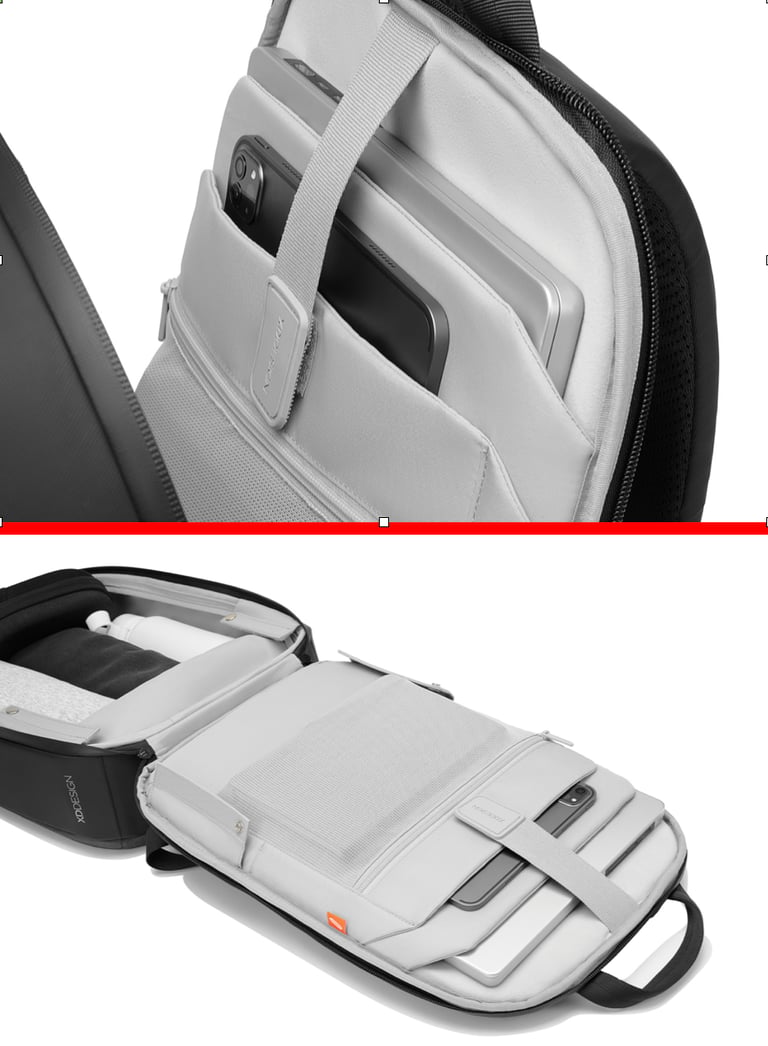 Interior compartments of a gray anti-theft laptop backpack showing organized laptop and tablet storage.