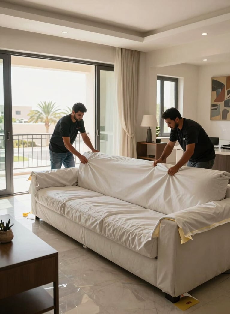 Wide environmental shot of a moving crew wrapping a large sofa with protective blankets and tape inside a residential villa in Al Ain, natural daylight streaming through open balcony doors, two workers in focus mid-wrap, padding visible on furniture edges