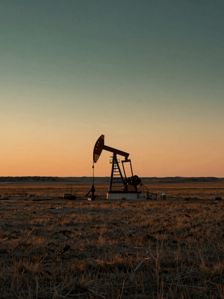 A wide-angle, cinematic landscape photograph of the vast plains of the Western US at dawn. In the distance, an oil derrick stands silhouetted against a sky of soft orange and deep green hues, conveying a sense of industry and professional purpose.