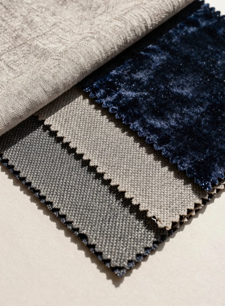 Extreme close-up flat-lay of layered fabric swatches — heavy linen, woven jacquard, and velvet samples overlapping on an ivory surface under soft north-facing daylight, weave and pile texture clearly visible, no human subjects
