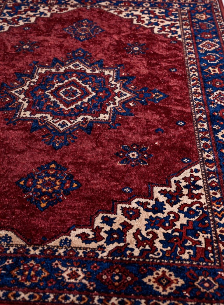Wide editorial flat-lay of a richly patterned oriental carpet filling the right frame, deep crimson and indigo medallion motif, extreme close-up of knotted pile texture visible at near edge, soft north-facing daylight, no human subjects