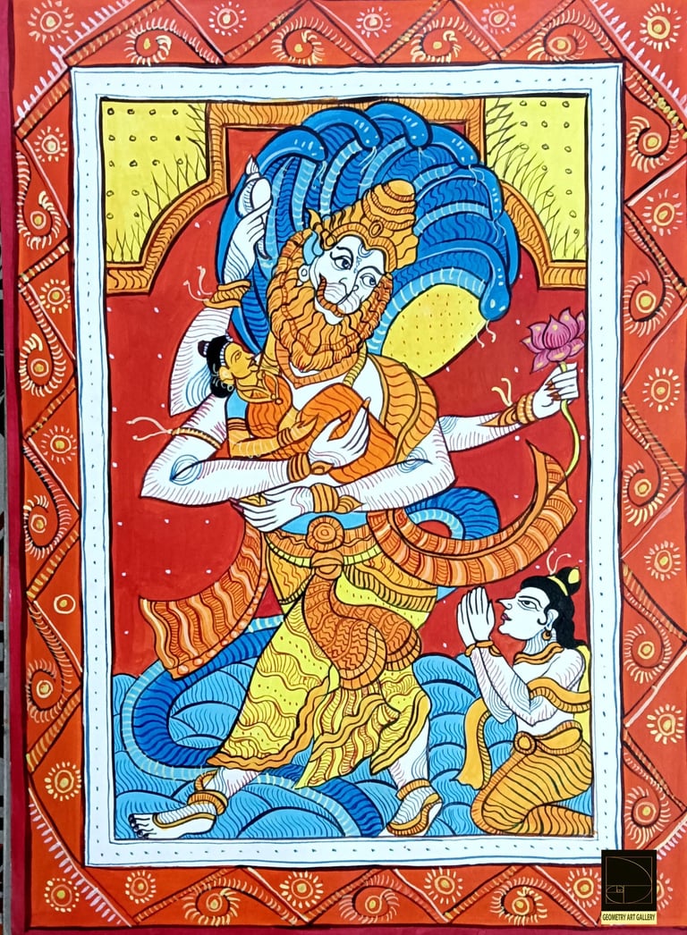 pattachitra art of hindu god narsimha with his devotee prahlad and his consort lakhsmi