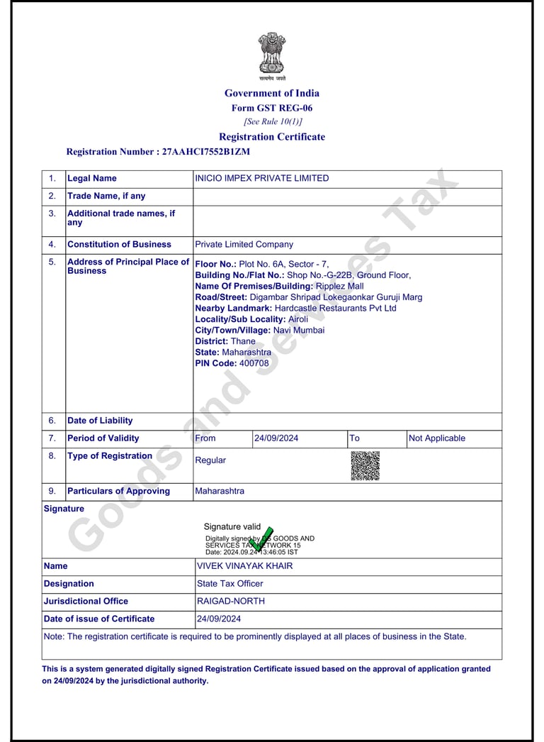 GST Registration Certificate Inicio Impex